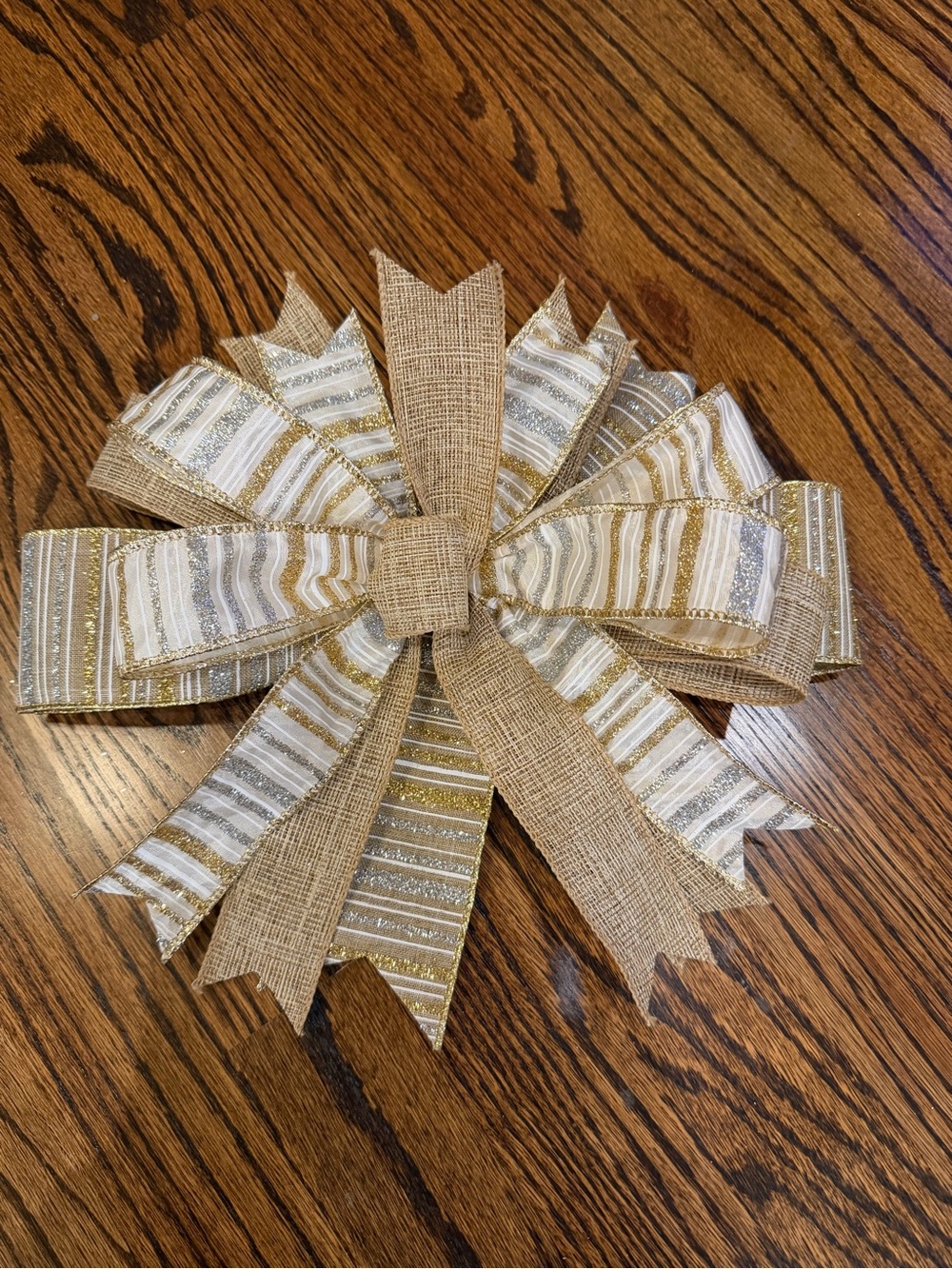 Neutral Burlap and Gold Stripe Holiday Bow Accent